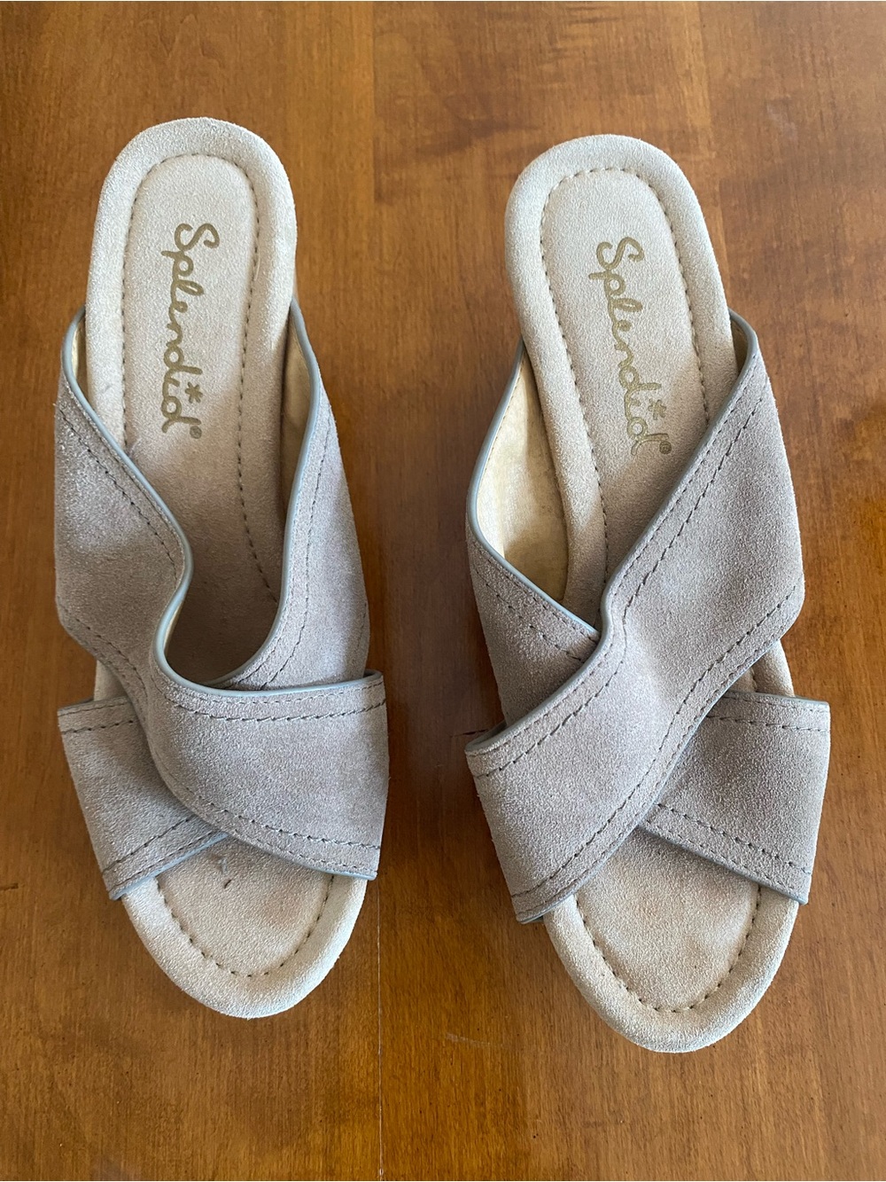 Splendid Taupe Suede Crossover Slide Wedge Mules